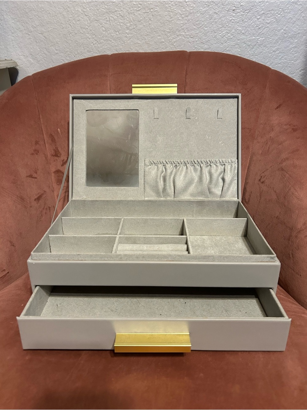 Gray Jewelry Organizer Box with Mirror and Gold Accent